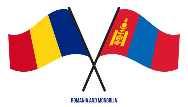 Romania Mongolia Flags Crossed Waving Flat Style Official Proportion Correct — Wektor stockowy