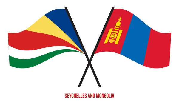 Seychelles Mongolia Flags Crossed Waving Flat Style Official Proportion Correct — ストックベクタ