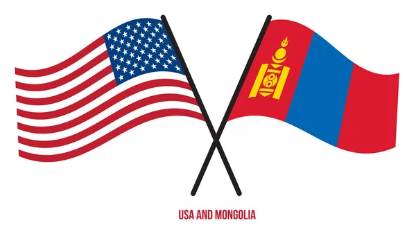 Usa Mongolia Flags Crossed Waving Flat Style Official Proportion Correct — Vector de stock