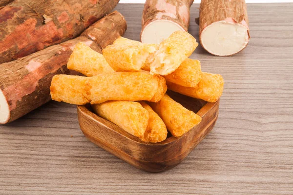 Fried Cassava Wooden Background — Stock Photo, Image