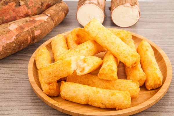 Fried Cassava Wooden Background — Stock Photo, Image