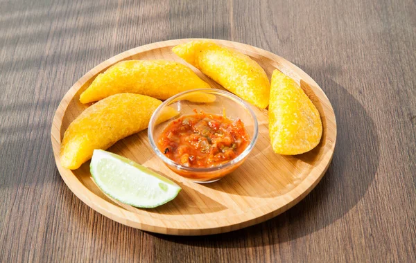 Colombian Empanada Spicy Sauce Wooden Background Typical Dish Enjoy Special — стокове фото