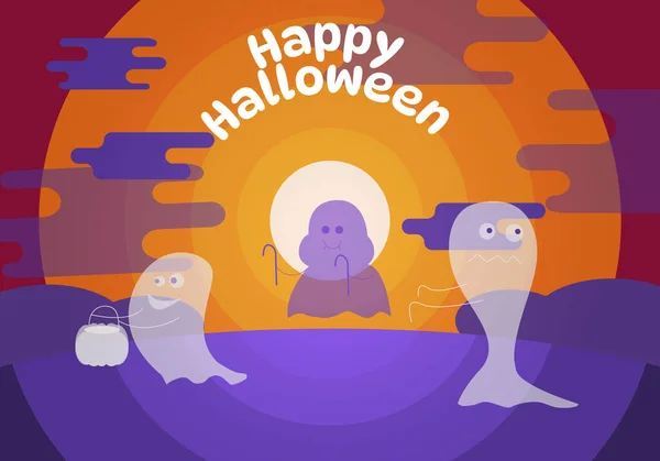 Vector Image Three Little Ghosts Who Collect Sweets Evening Halloween — Vector de stock