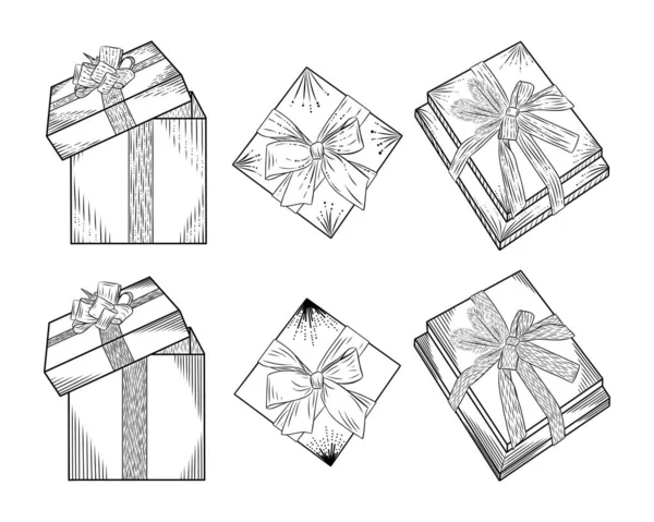 Векторный Набор Подарочных Коробок Линейном Стиле Открыток Праздничного Декора — стоковый вектор