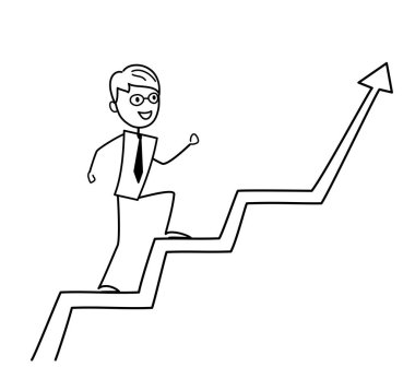 İşadamı merdivenleri çıkıyor, yükseliyor, kariyer yapıyor. Karakter başarılı olur, hedeflere ulaşır, engelleri aşar. Komik bir vektörün ana hatları, illüstrasyon. Doodle tarzı. Web tasarımı için iş konsepti.