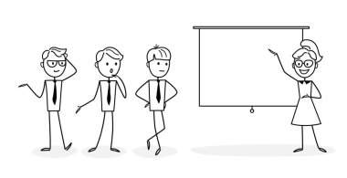 İş kadını bir sunum yapıyor, fikirler geliştiriyor, çalışıyor, görüşmelere katılıyor, iş faaliyetlerine katılıyor. Öğretmen bir seminer düzenliyor. Öğreniyorum. İş planı. Web tasarımı kavramı. Bir vektör illüstrasyonunun taslağı. Doodle tarzı.