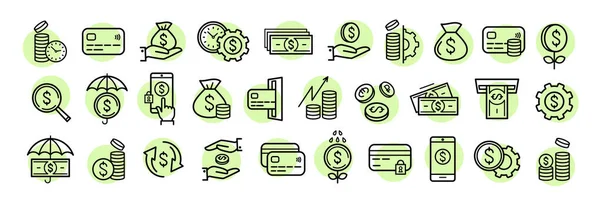 Conjunto Iconos Financieros Línea Negocio Ilustraciones Para Sitio Web Infografías — Vector de stock