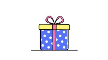 Hediyeli animasyon. Logo için bayram simgesi. Dinamik, minimal web tasarımı. Doğum günü hediyesi, bayram, parti, Noel, yeni yıl. Vektör çizimi. 2D, düz.