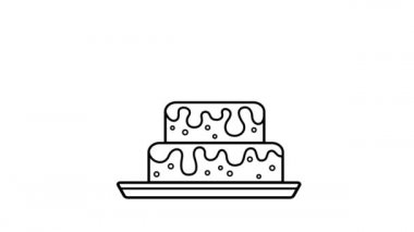 Pastayla animasyon. Logo için yiyecek ikonu. Kafe, restoran, şekerleme için dinamik, minimal web tasarımı. Doğum günü için tatlı, tatil, parti. Menü için resim. Kendi kendine bir sınır çiziyor. 2B düz.