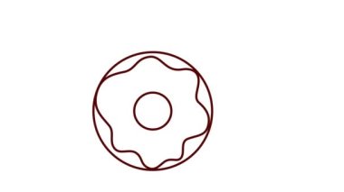Donutlu animasyon. Logo için yiyecek ikonu. Kafe, restoran, şekerleme için dinamik, minimal web tasarımı. Doğum günü pastası, tatil, parti. Menü için tatlı. Kendi kendine bir sınır çiziyor. 2B düz.