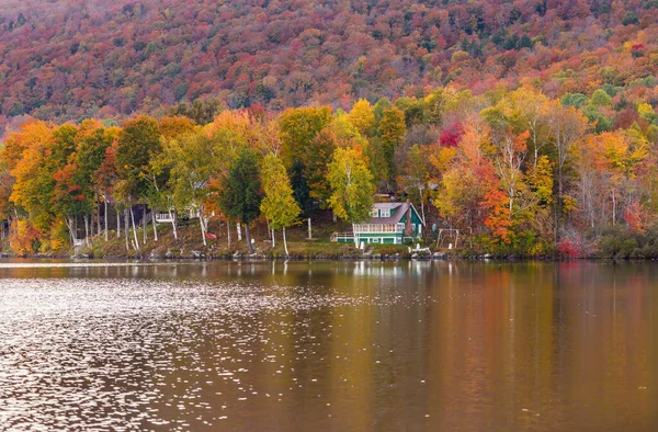 Vermont, Elmore eyalet parkında sonbahar yeşilliği ve kulübesi..