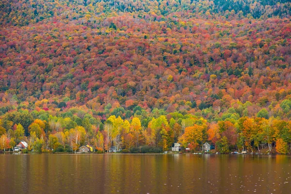 Vermont, Elmore Eyalet Parkı 'ndaki güzel sonbahar yeşillikleri ve kulübeleri.