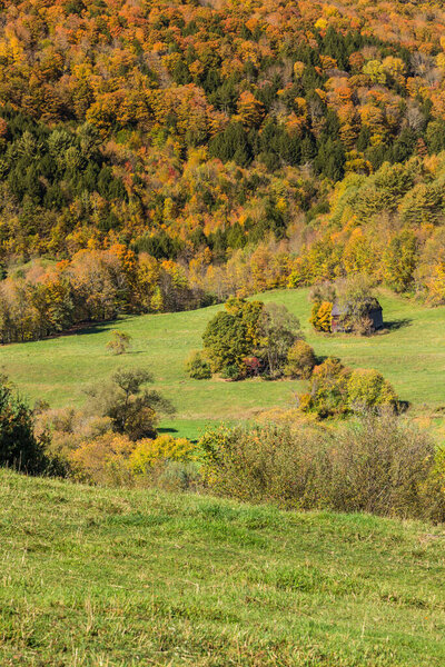 Falls foliage and little hut in Vermont countryside.