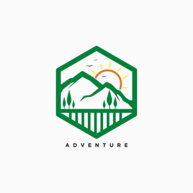 Adventure logo vector design template with mountain and sun concept