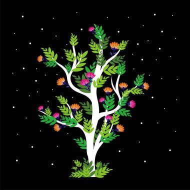 Düz vektör tasarımı ve siyah arkaplanda çiçek çizimi