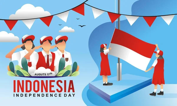 Indonesian Independence Day Vector Illustration Theme Raising Flag - Stok Vektor