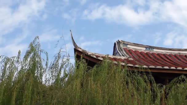 Teil des chinesischen Daches mit einem Himmel und Bäumen auf der Rückseite und im Vordergrund — Stockvideo
