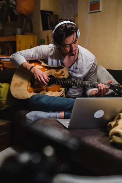 Man Playing Acoustic Guitar Home Has Online Course Computer — Stock Photo, Image