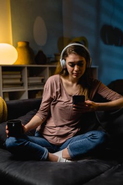 Oturma odasındaki koltukta otururken dizüstü bilgisayar kullanan bir kadın. Akşam atmosferi