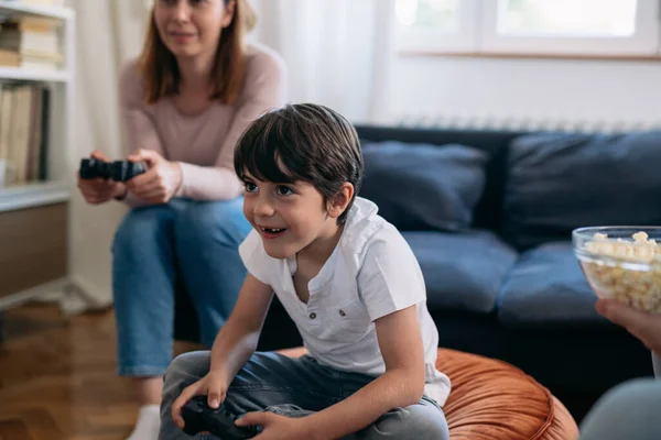 Close Young Boy Playing Video Games His Mother Home — Foto de Stock
