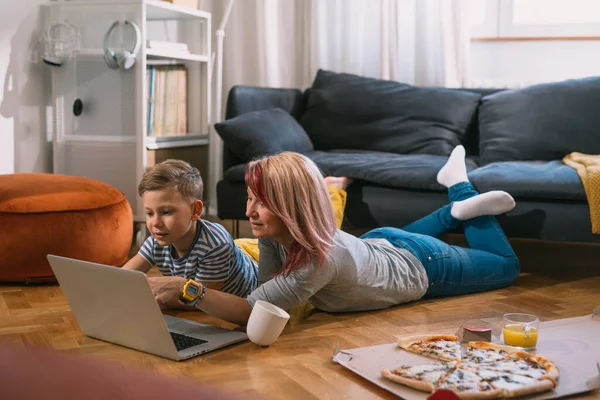 Mother Son Watching Movie Laptop Home — Stockfoto