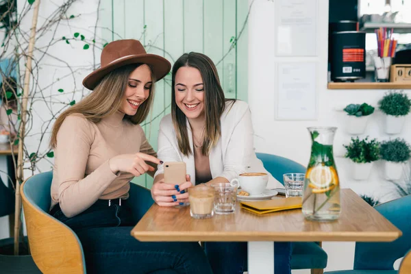 Women friends on coffee break talking and using smartphone