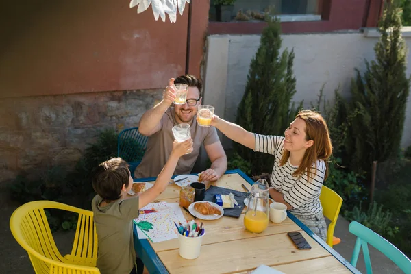 Family Breakfast Together Enjoying Time Cheers Milk Orange Juice — Stok fotoğraf