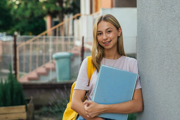 Caucasian Student Posing Outdoor Holding Book — Zdjęcie stockowe