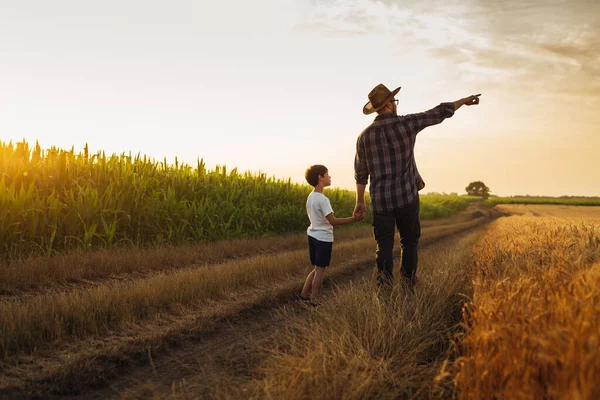 Father Son Holding Hands Walking Farmland — kuvapankkivalokuva