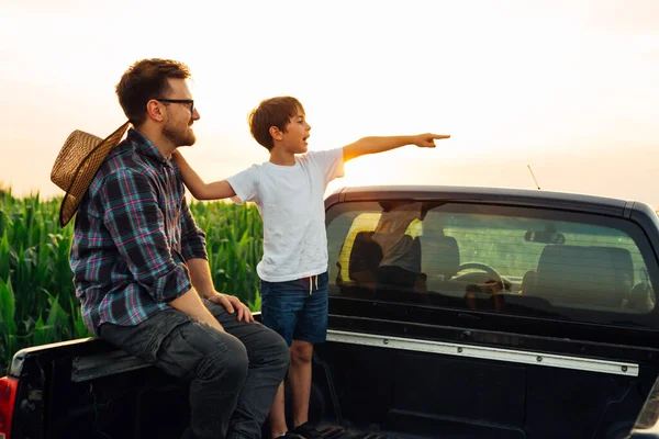 father and son sitting on trunk of truck and looking on corn field