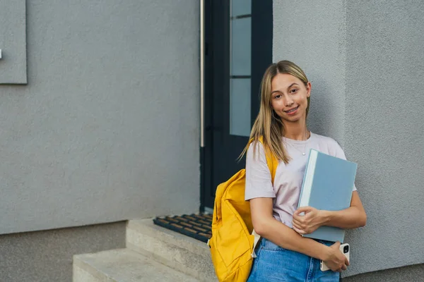 Caucasian Teenager Standing Front Her Home Backpack Book — ストック写真