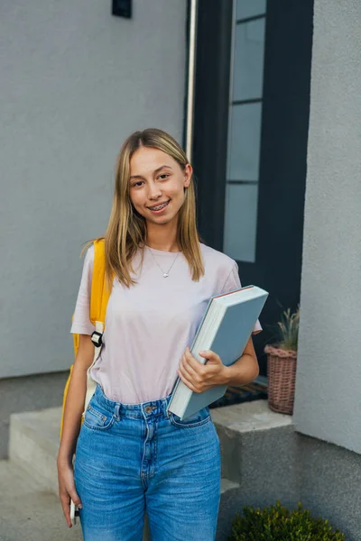 Caucasian Teenager Standing Front Her Home Backpack Book — ストック写真