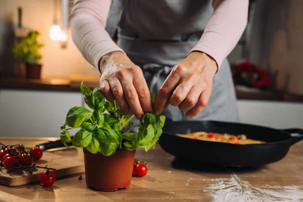 woman picking basil. preparing pizza in kitchen