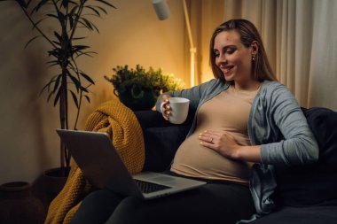 Kafkasyalı hamile kadın kanepede oturur ve oturma odasında dizüstü bilgisayar kullanır.