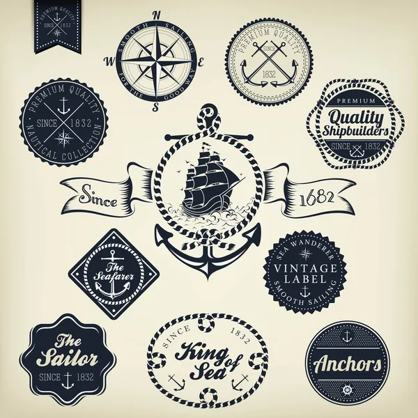 Set de insignias y etiquetas náuticas retro vintage — Vector de stock