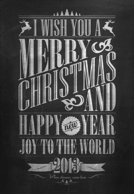 Vintage neşeli Noel ve mutlu yeni yıl kaligrafi ve tipografik arka plan tebeşir ile word art tahtaya