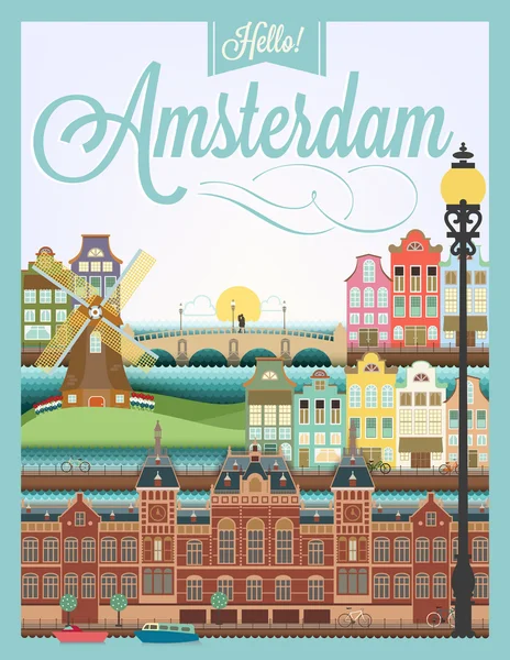 Cartel de estilo retro con símbolos y monumentos de Ámsterdam —  Fotos de Stock