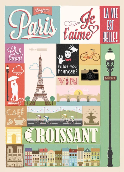 Τυπογραφικά ρετρό στυλ αφίσα με Παρίσι σύμβολα και ορόσημα — Φωτογραφία Αρχείου