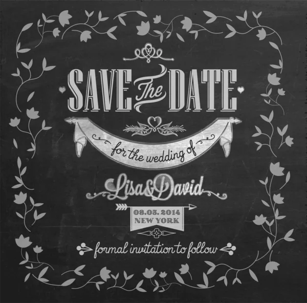 Enregistrer la carte d'invitation de mariage Date sur tableau noir avec craie — Photo