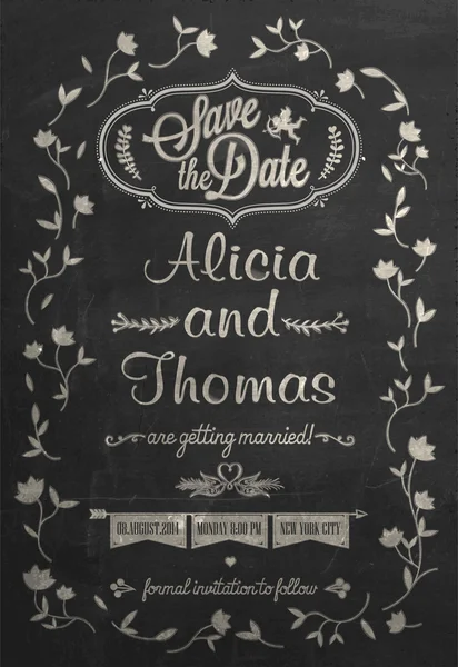 Enregistrer la carte d'invitation de mariage Date sur tableau noir avec craie — Photo