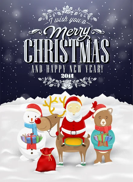 Забавная открытка, Рождественская открытка с Санта Клаусом, оленем, снеговиком и медведем — стоковое фото