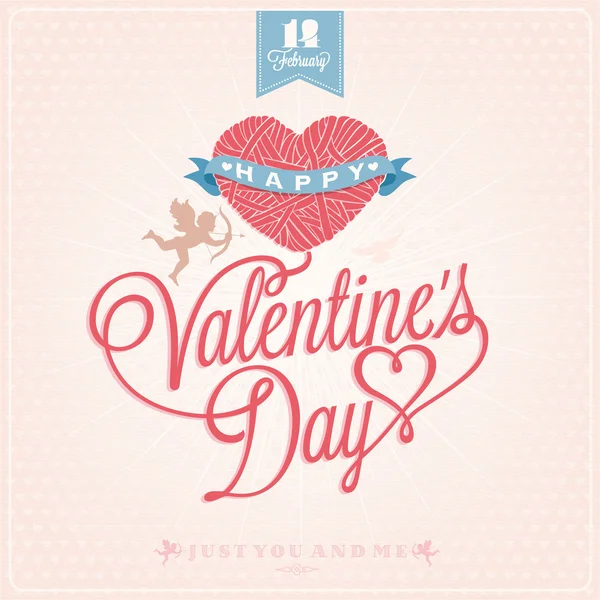 Glücklicher Valentinstag-Schriftzug - typografischer Hintergrund mit Ornamenten, Herzen, Schleife, Engel und Pfeilen — Stockfoto