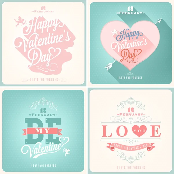 幸せなバレンタインデー手レタリング - タイポグラフィの背景装飾品、心、リボン、天使と矢印 — ストック写真