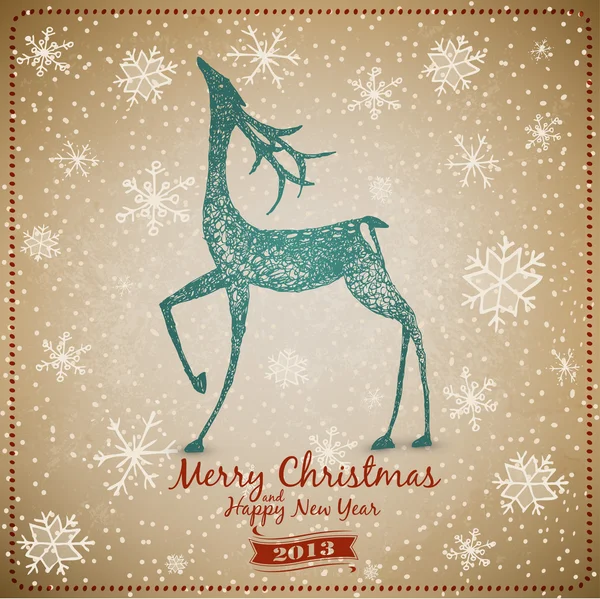 Biglietto di Natale Vintage Deer disegnato a mano — Vettoriale Stock