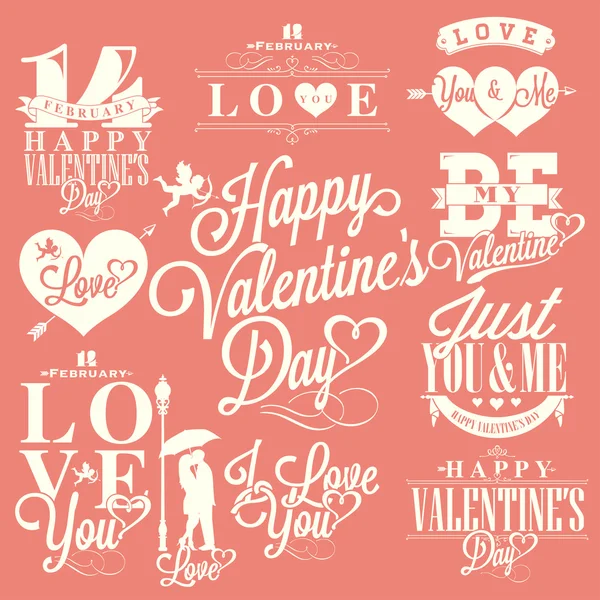 Buon San Valentino Lettering mano - sfondo tipografico con ornamenti, cuori, nastro, angelo e frecce — Vettoriale Stock