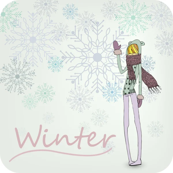 手绘制的冬季女孩 — 图库矢量图片