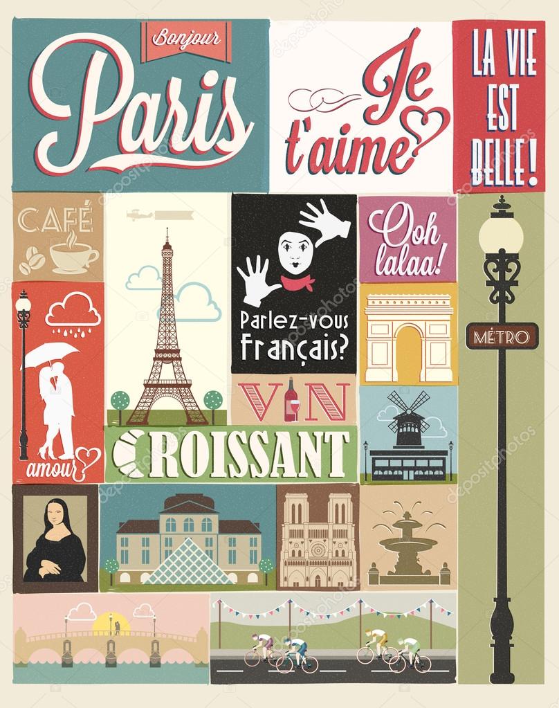Retro Poster With Paris Symbols And Landmarks