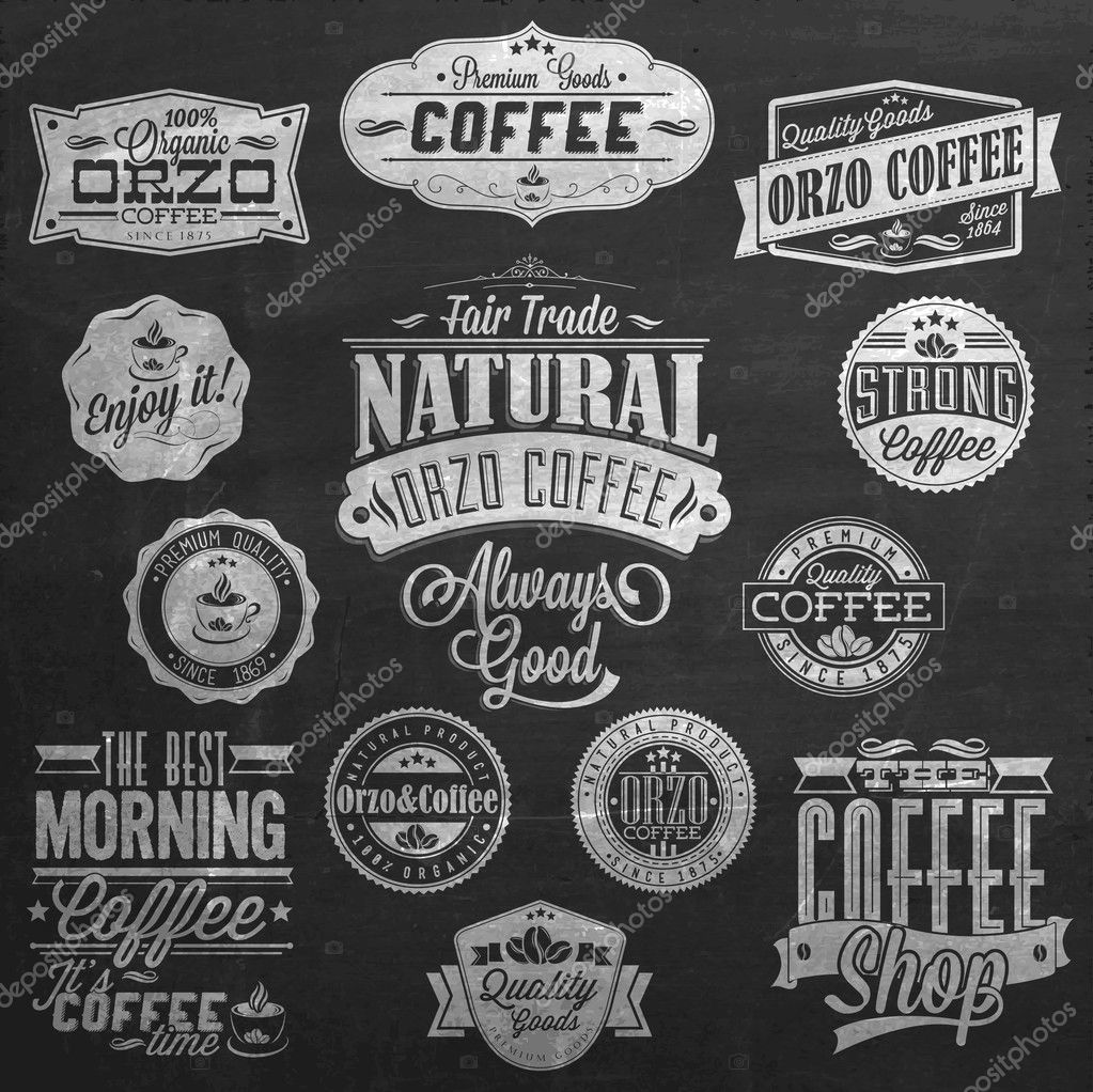 Set Of Vintage Retro Coffee Labels On Chalkboard . Coffee decoration collection. Set of calligraphic and typographic elements styled design, frames, vintage labels. Vector.