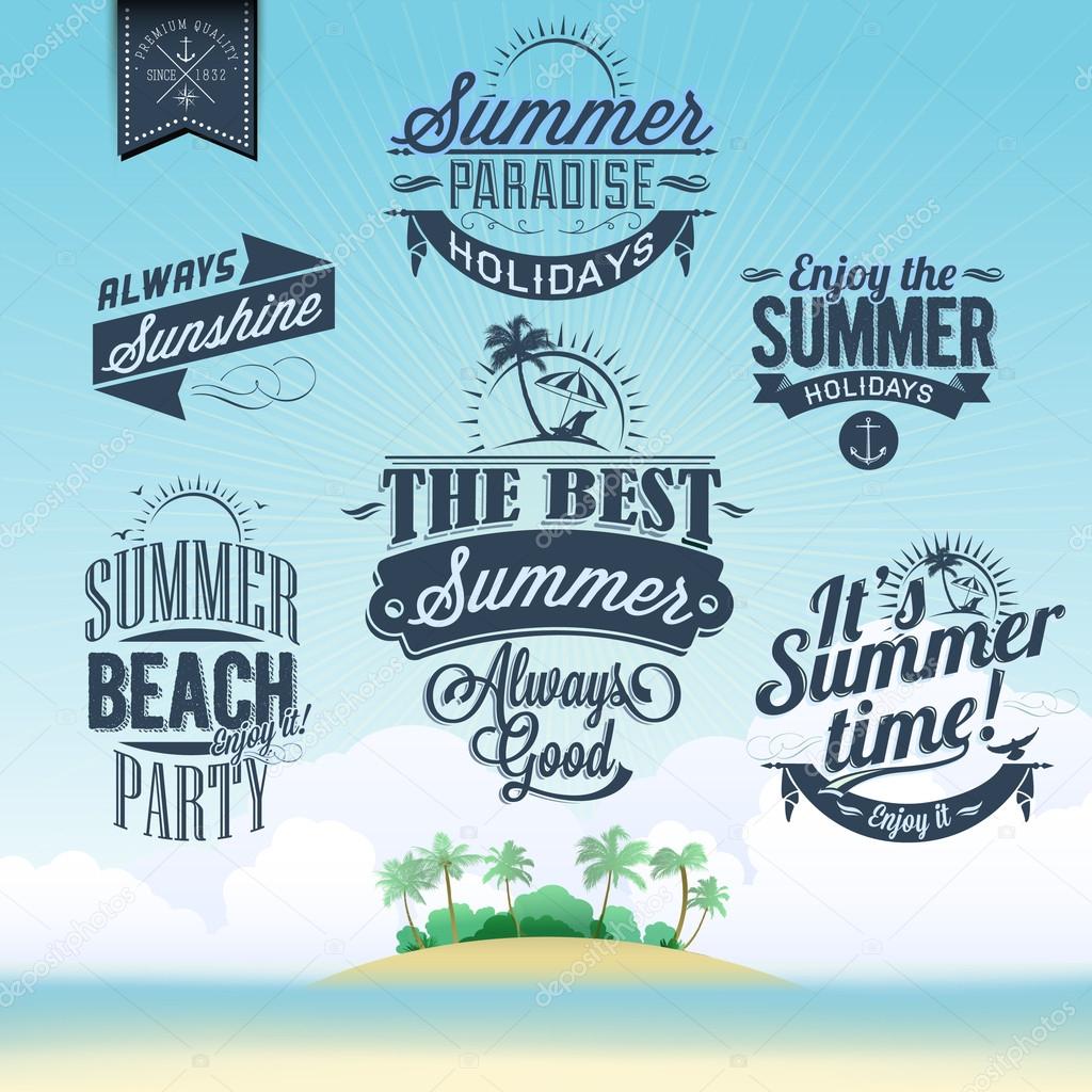 Retro elements for Summer calligraphic designs . Vintage ornaments . All for Summer holidays . tropical paradise, sea, sunshine, weekend tour, beach vacation, adventure labels . vector set