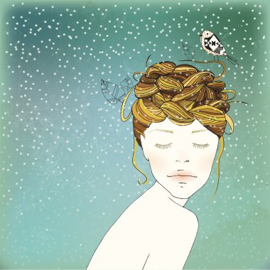 Kış kızın yuva saçları el çekilmiş